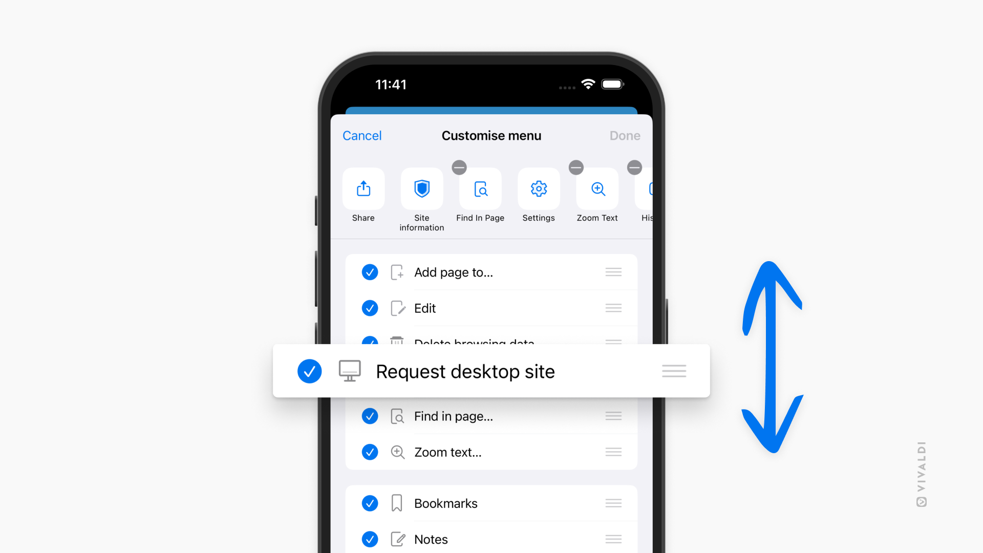 Menüpunkte in Vivaldi auf iOS werden neu angeordnet.